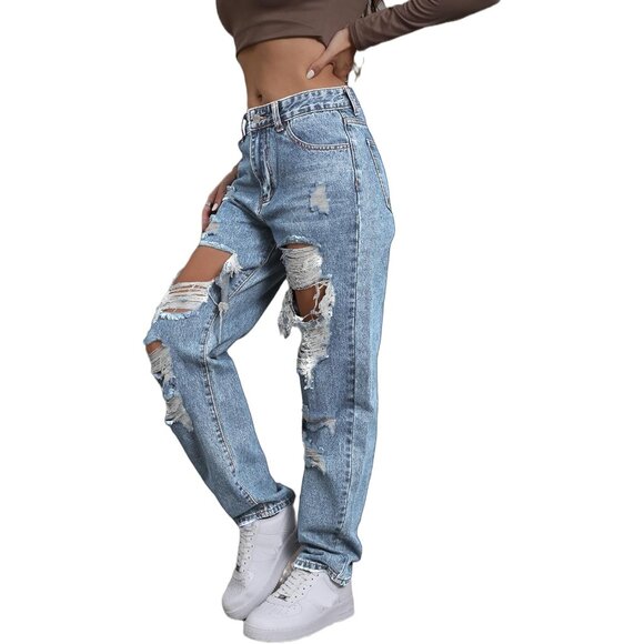 Women's Ripped High Waist Jeans Polyester Straight Leg Casual Y2K Pants - Picture 3 of 6